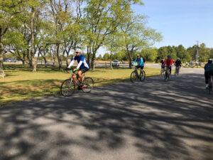 several people riding bikes on a road in the park