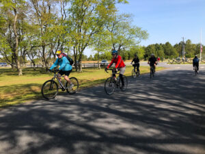 several people riding bikes on a road in the park