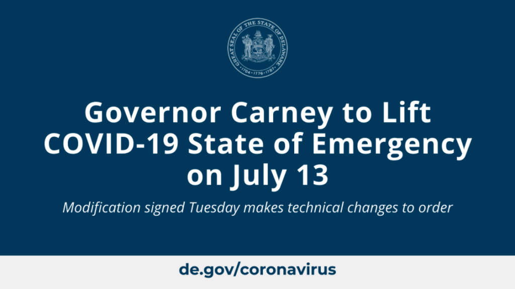 a blue background with the words government carney to lift covid - 19 state of emergency on july
