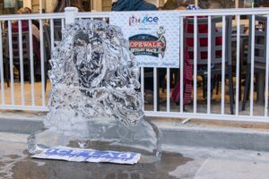 an ice sculpture sitting on the sidewalk in front of a fence