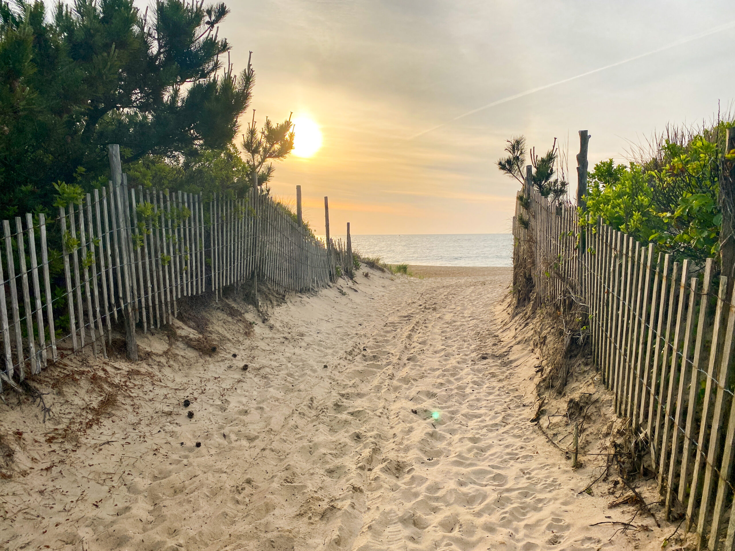 a sandy path leading to the beach at sunset