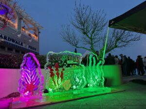 illuminated ice sculptures in front of a building