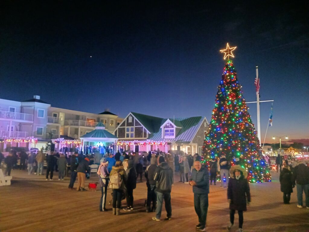 a crowd of people standing around a christmas tree